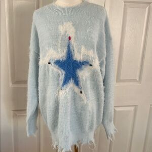 Aelfric Eden Light Blue Sweater star design Distressed hem/sleeves, Small,  NWT
